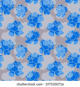 Seamless vector pattern. Pattern with blue roses on a gray background with shadow. For decoration of fabric, paper, wallpaper, packaging.