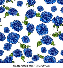 Seamless vector pattern of blue roses with leaves spread on white background. Vintage tattoo style hand drawn vector illustration.