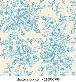 Seamless vector pattern with blue roses on a beige background.