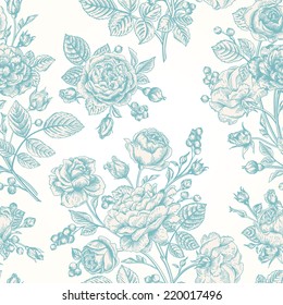 Seamless vector pattern with blue roses on a white background.