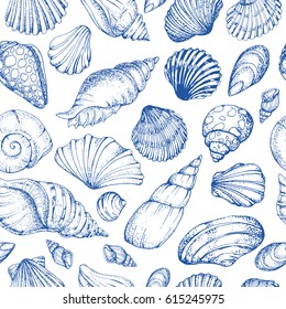 Seamless vector pattern with blue sea shells. Hand drawn vintage sketch elements of engraving. Nautical background. Can use for pack, paper, wallpaper.