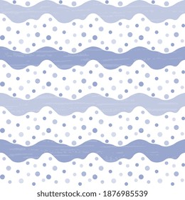Patrón vectorial sin foco con tonos azules de ondas y puntos de polka, cae sobre un fondo blanco, con una textura vintage antigua. Patrón abstracto para el embalaje, superficie, diseño de tela.