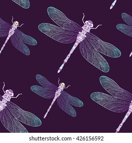 Seamless vector pattern with blue shiny dragonfly on a dark plum background. Elegant decoration. Can be used for wallpaper, pattern fills, web page background, surface textures. Vector night design.