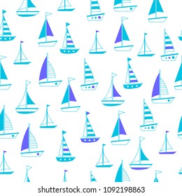 Seamless vector pattern with blue ships on a white background. Cute child illustration. Sea transport. Cartoon spring pattern.