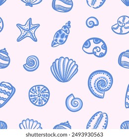 Seamless vector pattern of blue small abstract seashells in hand drawn style. Perfect for summer-themed beach designs and coastal decorations