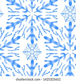 Seamless vector pattern with blue snowflakes on a white background. For the design of winter themes, fabric printing, New Year's greetings. Background for christmas invitations.