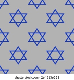 Padrão de vetor contínuo de símbolos da Estrela azul de David em um fundo cinza, ideal para Hanukah ou projetos com tema judeu.