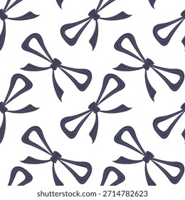 Nahtloses Vektormuster aus blau gestreiften Bögen aus dünnem Band, perfekt für Textilien, Umschlagpapier, Schreibwaren und Oberflächendesign, einzeln auf weißem Hintergrund.