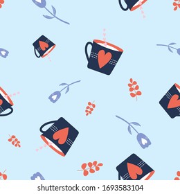 Seamless Vector Pattern with blue tea cups, tulip flowers and red hearts, pink background for decoration, print, textile, stationery