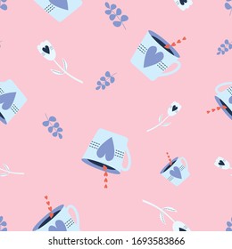Seamless Vector Pattern with blue tea cups, tulip flowers and red hearts, pink background for decoration, print, textile, stationery