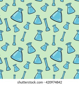 A seamless vector pattern, with blue test-tubes and glass flasks, on green background.