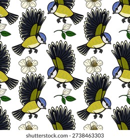 Seamless vector pattern of a blue tit bird in flight with delicate white flowers and green leaves