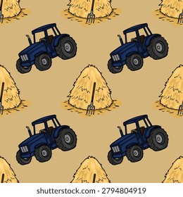 Seamless vector pattern of blue tractors and haystacks with pitchforks on a beige background, farm illustration