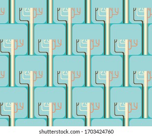 Seamless vector pattern with blue trees with a square crown. Winter. Ecology. Sketch textile, background, wrapping paper design, packaging. Eps 8.