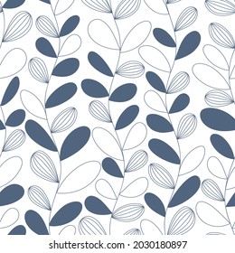 Seamless vector pattern of blue twig with leaves on white background.