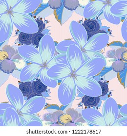 Seamless vector pattern in blue, violet and beige colors with cute plumeria flowers. Floral background.