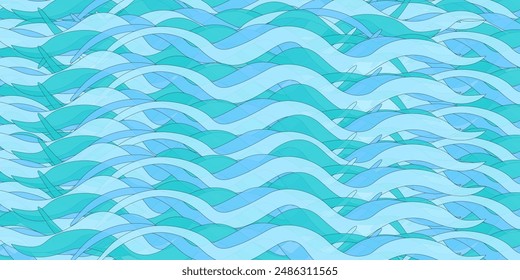 A seamless vector pattern of blue waves, perfect for summertime designs, water-themed projects, and backgrounds.