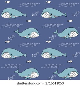 seamless vector pattern with blue whales on a blue background, waves, fish. for printing on fabric, Wallpaper, paper