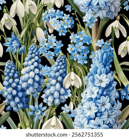 Seamless vector pattern with blue and white spring flowers isolated on a changeable background. Vintage painting style illustration.