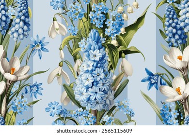 Seamless vector pattern with blue and white spring flowers isolated on a changeable background. Vintage painting style illustration.