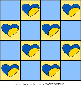Seamless vector pattern of blue and yellow hearts arranged in a checkerboard design on a pastel background, creating a cheerful and playful mood.