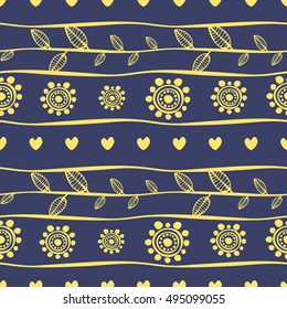 Seamless vector pattern. Blue and yellow hand drawn endless background with ornamental decorative elements with ethnic, traditional motives. Series of Hand Drawn Ornamental Seamless vector Patterns