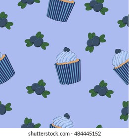 Seamless vector pattern/ Blueberries and blueberry cupcakes on the light blue background.