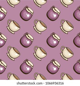 Seamless vector pattern with blueberry jam and cup of tea. Colorful jar with berries and hot drink. Design for wrapping, menu decoration and fabric. Homemade dessert.