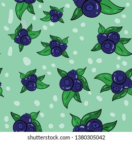 Seamless vector pattern with blueberry on green background. Good for printing. Wallpaper, fabric and textile design. Cute wrapping paper pattern.