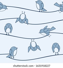 Seamless vector pattern with bluebirds on line. Cute funny hand drawn birds wallpaper design for children. Simple fashion textile print.