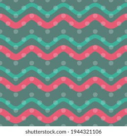 Seamless vector pattern with blue-green pink waves, bubbles on a dark background. Fashionable illustration for tiles, packaging, textiles.