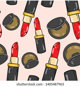 Seamless vector pattern with blush and red lipstick on pink background. Good for printing. Wallpaper, fabric and textile design. Wrapping paper cute pattern. 