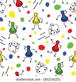 Seamless Vector Pattern With Board Game Dice On White Background. Cartoon Game Night Wallpaper Design For Children. Fun Leisure Hobbies Fashion Textile.