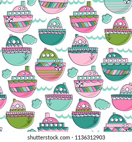 Seamless vector pattern with boats in childish style.