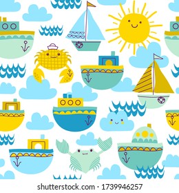 Seamless vector pattern with boats, clouds, sun and crabs. Summer background in childish style.
