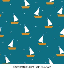 Seamless vector pattern of boats and seagulls. Turquoise background. fashionable marine print for textiles, wallpaper and packaging.