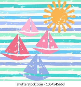 Seamless vector pattern with boats, sun and sea waves in cute pastel colors.