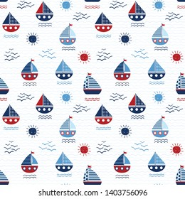 Seamless vector pattern with boats, waves and suns in blue and red colors on background with waves for nautical themed graphic design and summer clothes