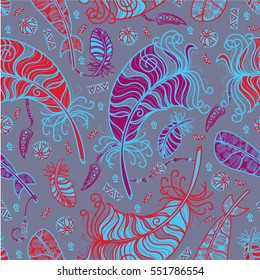 Seamless vector pattern in bohemian style with feathers, beads and fangs. Red, purple and blue on gray-purple background.