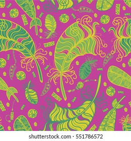 Seamless vector pattern in bohemian style with feathers, beads and fangs. Green colors on purple background. 