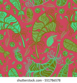 Seamless vector pattern in bohemian style with feathers, beads and fangs. Green and red.