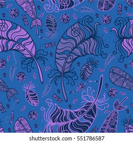 Seamless vector pattern in bohemian style with feathers, beads and fangs. Lavender, wisteria and dark blue on blue background.