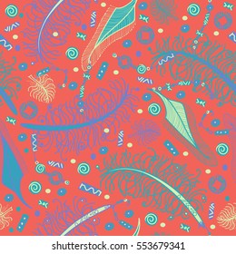 Seamless vector pattern in bohemian style with feathers, beads and chinese coins. Yellow, turquoise and blue on orange background.