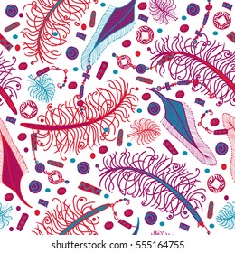 Seamless vector pattern in bohemian style with feathers, beads and chinese coins. Purple, red and turquoise on white background.