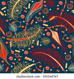 Seamless vector pattern in bohemian style with feathers, beads and chinese coins. Red and yellow on dark blue background.