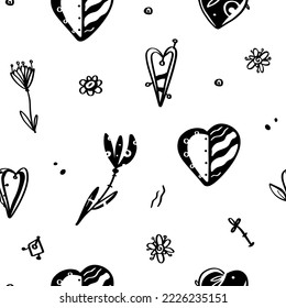 Seamless vector pattern - Boho decorative hearts and flowers. Outlines, simple black lines on white background. Doddles.