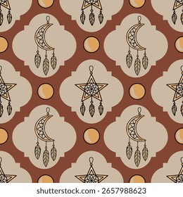 Seamless vector pattern with boho dreamcatchers in moon and star shapes, adorned with feathers, set against a backdrop of terracotta and beige geometric shapes.