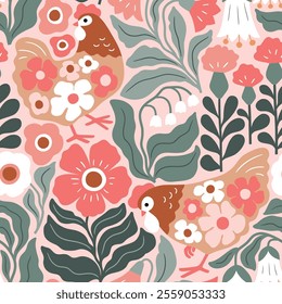 Seamless vector pattern with boho floral hen and summer flowers. Hand drawn groovy floral background. Perfect for textile, wallpaper or nursery print design. EPS10 vector file.