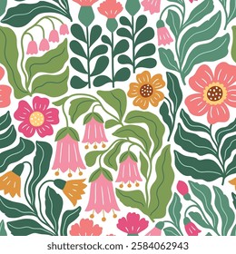 Seamless vector pattern with boho flowers. Hand drawn retro groovy floral background. Perfect for textile, wallpaper or nursery print design. EPS10 vector file.