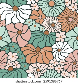 Seamless vector pattern with boho flowers. Hand drawn retro groovy floral background. Perfect for textile, wallpaper or nursery print design. EPS10 vector file.